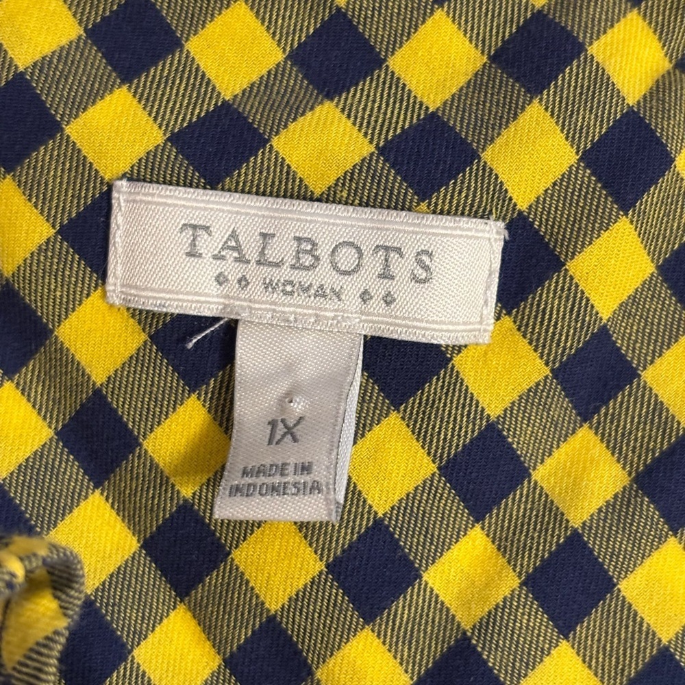 Talbots Navy Yellow Gingham Button Front Shirt 1X Cotton Blouse - Picture 2 of 8
